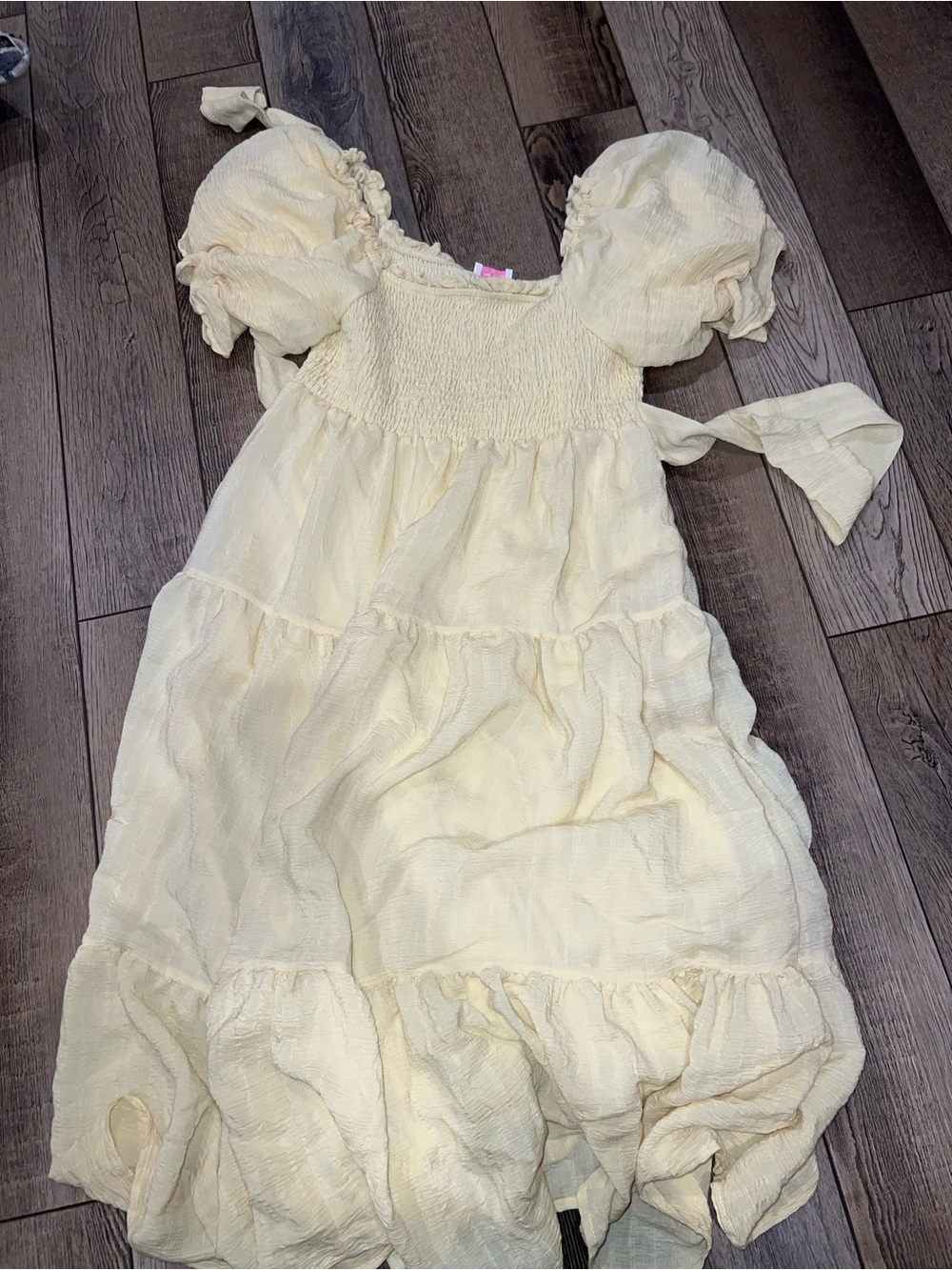 Pink Lily Girls Cream Puff-Sleeve Tiered Dress in Pale Yellow